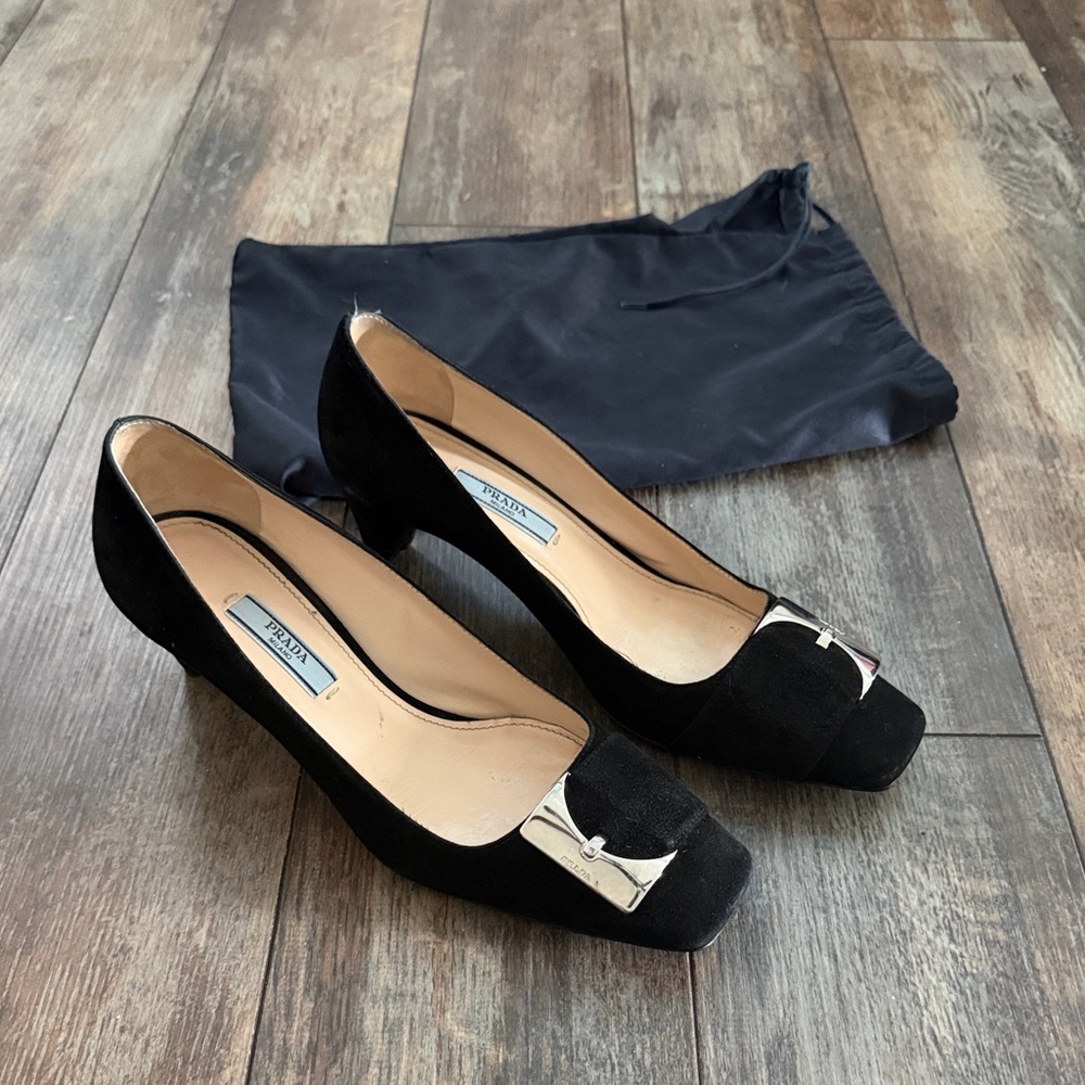 Prada Black Suede Heels with Silver Accents